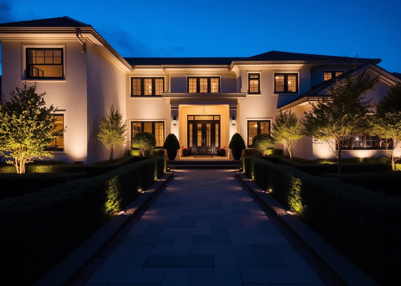 Illuminated entry with symmetrical hedges